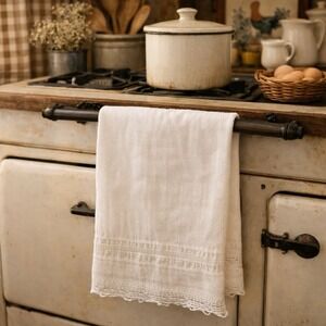 Vintage Cotton Tea Towel White Kitchen Dish Towel Crochet Lace Edge 30 X 16